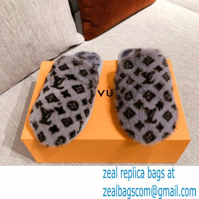Louis Vuitton Monogram Mink Fur LV Suite Flat Mules Gray 2020 - Click Image to Close
