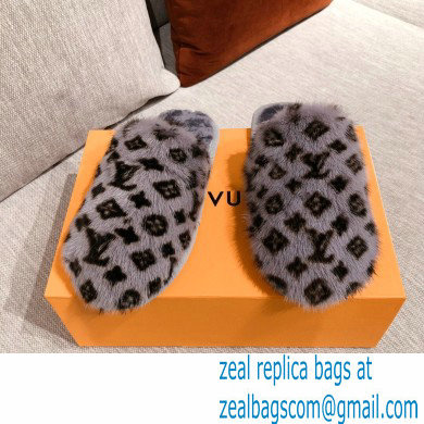 Louis Vuitton Monogram Mink Fur LV Suite Flat Mules Gray 2020