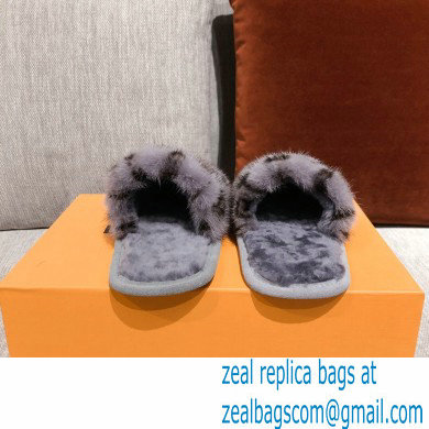 Louis Vuitton Monogram Mink Fur LV Suite Flat Mules Gray 2020