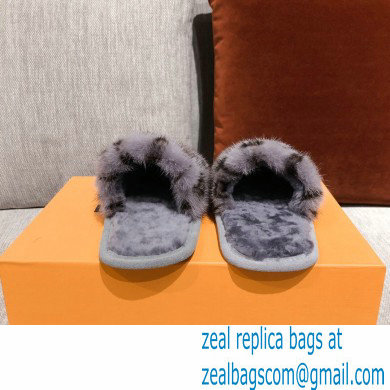 Louis Vuitton Monogram Mink Fur LV Suite Flat Mules Gray 2020 - Click Image to Close