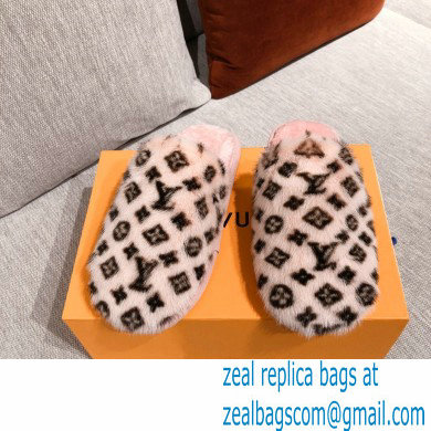 Louis Vuitton Monogram Mink Fur LV Suite Flat Mules Light Pink 2020 - Click Image to Close