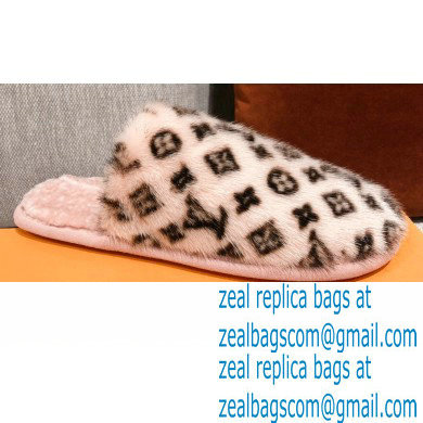 Louis Vuitton Monogram Mink Fur LV Suite Flat Mules Light Pink 2020 - Click Image to Close