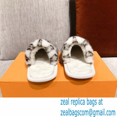 Louis Vuitton Monogram Mink Fur LV Suite Flat Mules White 2020 - Click Image to Close