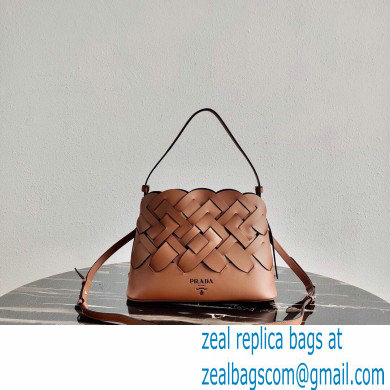 Prada Leather Tress HandBag with Woven Motif 1BA290 Brown 2020 - Click Image to Close