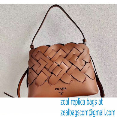 Prada Leather Tress HandBag with Woven Motif 1BA290 Brown 2020 - Click Image to Close