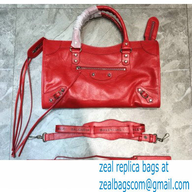 Balenciaga Classic City Medium Bag with Logo Strap Red