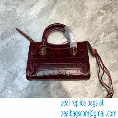 Balenciaga Classic City Mini Bag Crocodile Embossed Calfskin Burgundy/Gold - Click Image to Close