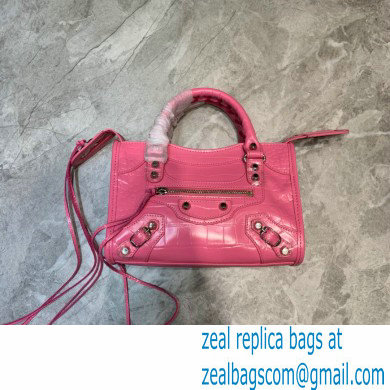 Balenciaga Classic City Mini Bag Crocodile Embossed Calfskin Pink/Silver - Click Image to Close