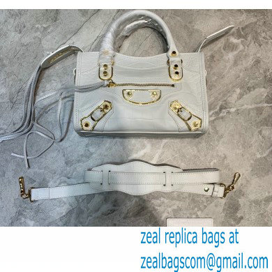 Balenciaga Classic City Mini Bag Crocodile Embossed Calfskin White/Gold