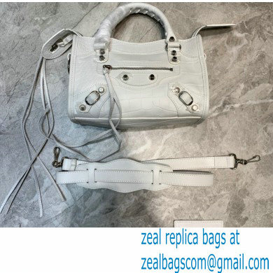 Balenciaga Classic City Mini Bag Crocodile Embossed Calfskin White/Silver - Click Image to Close