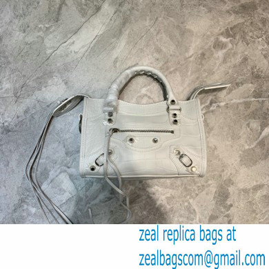 Balenciaga Classic City Mini Bag Crocodile Embossed Calfskin White/Silver