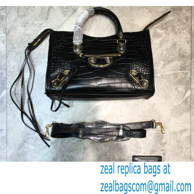 Balenciaga Classic City Small Bag Crocodile Embossed Calfskin Black/Gold - Click Image to Close