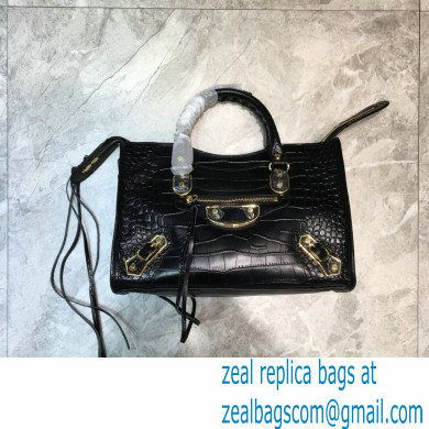 Balenciaga Classic City Small Bag Crocodile Embossed Calfskin Black/Gold