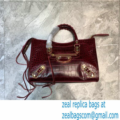 Balenciaga Classic City Small Bag Crocodile Embossed Calfskin Burgundy/Gold - Click Image to Close