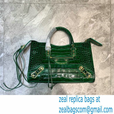 Balenciaga Classic City Small Bag Crocodile Embossed Calfskin Green/Gold - Click Image to Close