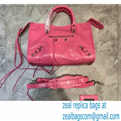 Balenciaga Classic City Small Bag Crocodile Embossed Calfskin Pink/Silver