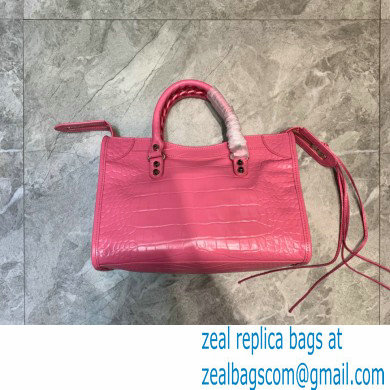 Balenciaga Classic City Small Bag Crocodile Embossed Calfskin Pink/Silver - Click Image to Close