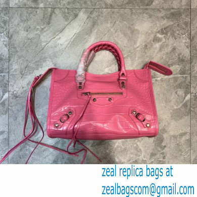 Balenciaga Classic City Small Bag Crocodile Embossed Calfskin Pink/Silver - Click Image to Close