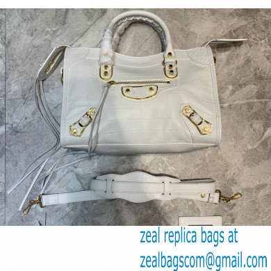 Balenciaga Classic City Small Bag Crocodile Embossed Calfskin White/Gold - Click Image to Close