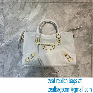 Balenciaga Classic City Small Bag Crocodile Embossed Calfskin White/Gold