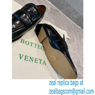 Bottega Veneta Crocodile Print Calf Leather Loafers Black 2021