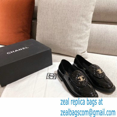 Chanel CC Logo and Quilting Flap Loafers Patent Black 2021