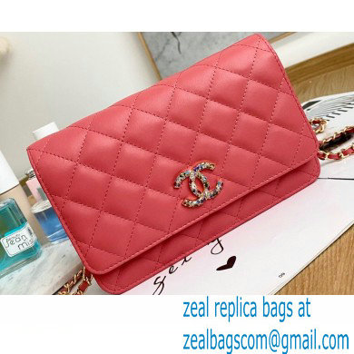 Chanel Zirconium Crystal CC Logo Wallet on Chain WOC Bag AP1943 Coral Pink 2021