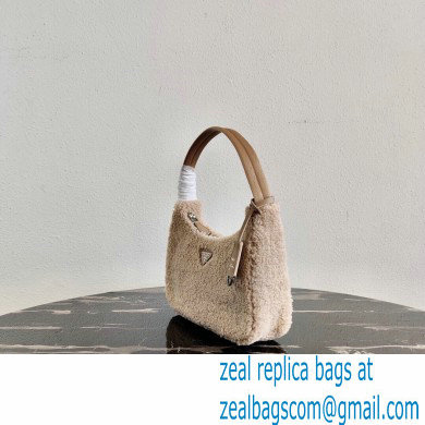 Prada Shearling Re-Edition 2000 Nylon Mini Hobo Bag 1NE515 Beige 2021