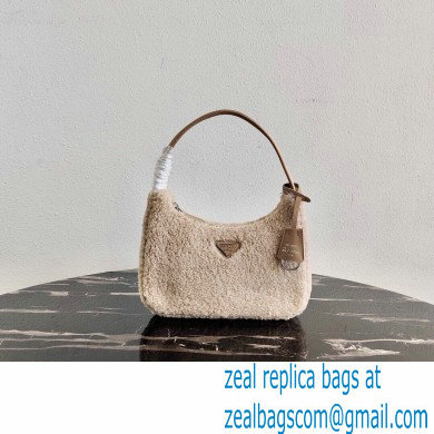 Prada Shearling Re-Edition 2000 Nylon Mini Hobo Bag 1NE515 Beige 2021