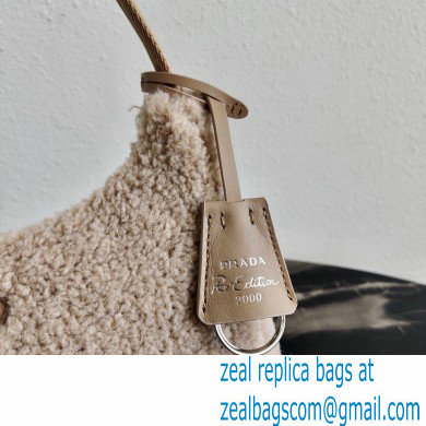 Prada Shearling Re-Edition 2000 Nylon Mini Hobo Bag 1NE515 Beige 2021