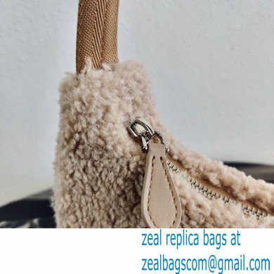 Prada Shearling Re-Edition 2000 Nylon Mini Hobo Bag 1NE515 Beige 2021