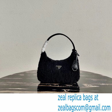 Prada Shearling Re-Edition 2000 Nylon Mini Hobo Bag 1NE515 Black 2021