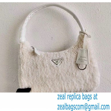 Prada Shearling Re-Edition 2000 Nylon Mini Hobo Bag 1NE515 White 2021
