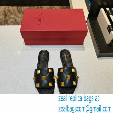 Valentino Quilted Calfskin Roman Stud Slide Sandals Black 2021