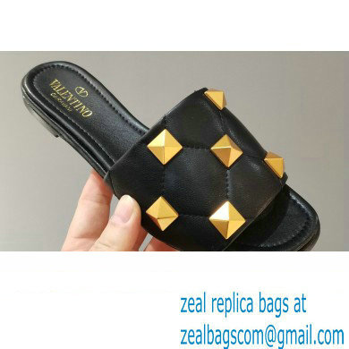 Valentino Quilted Calfskin Roman Stud Slide Sandals Black 2021