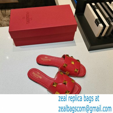 Valentino Quilted Calfskin Roman Stud Slide Sandals Red 2021