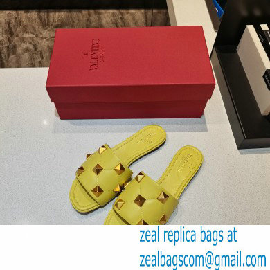 Valentino Quilted Calfskin Roman Stud Slide Sandals Yellow 2021 - Click Image to Close