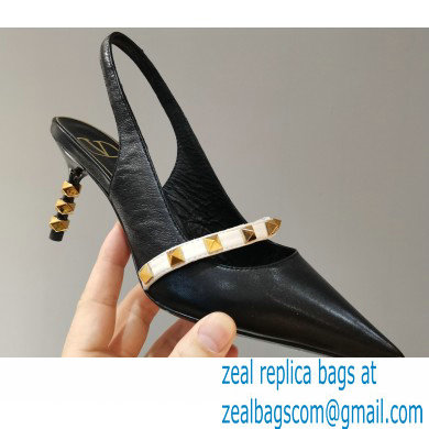 Valentino Sculpted Heel 7cm Rockstud Slingback Pumps Black/White 2021