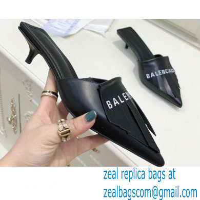 Balenciaga Heel 3cm Logo Fringe Knife Leather Mules Black 2021