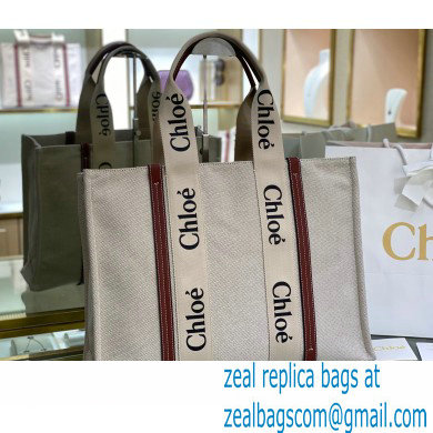 Chloe Large Woody Tote Bag White/Brown in Cotton Canvas and Shiny Calfskin 2021