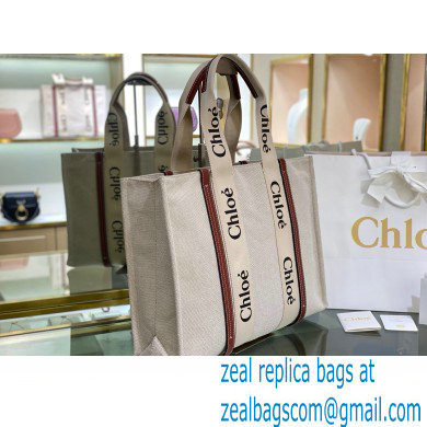 Chloe Large Woody Tote Bag White/Brown in Cotton Canvas and Shiny Calfskin 2021 - Click Image to Close