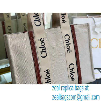 Chloe Large Woody Tote Bag White/Brown in Cotton Canvas and Shiny Calfskin 2021 - Click Image to Close