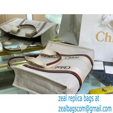 Chloe Large Woody Tote Bag White/Brown in Cotton Canvas and Shiny Calfskin 2021 - Click Image to Close