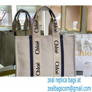 Chloe Large Woody Tote Bag White/Full Blue in Cotton Canvas and Shiny Calfskin 2021