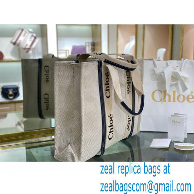Chloe Large Woody Tote Bag White/Full Blue in Cotton Canvas and Shiny Calfskin 2021