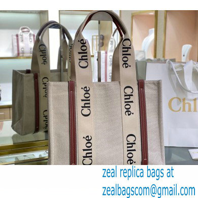 Chloe Medium Woody Tote Bag White/Brown in Cotton Canvas and Shiny Calfskin 2021 - Click Image to Close