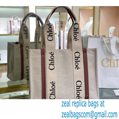 Chloe Medium Woody Tote Bag White/Brown in Cotton Canvas and Shiny Calfskin 2021