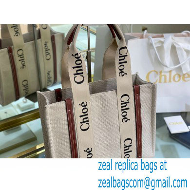 Chloe Medium Woody Tote Bag White/Brown in Cotton Canvas and Shiny Calfskin 2021 - Click Image to Close