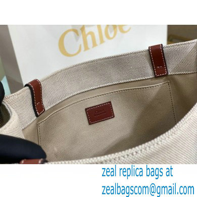 Chloe Medium Woody Tote Bag White/Brown in Cotton Canvas and Shiny Calfskin 2021 - Click Image to Close