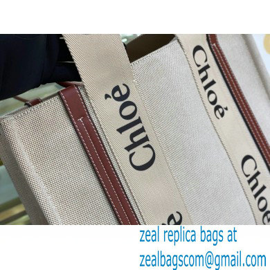 Chloe Medium Woody Tote Bag White/Brown in Cotton Canvas and Shiny Calfskin 2021 - Click Image to Close